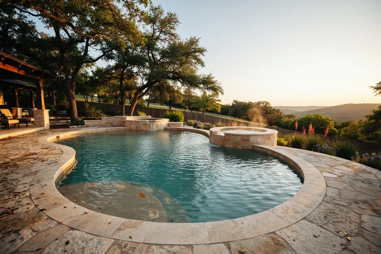 Freeform gunite pool with a raised spa under live oaks in a Texas Hill Country backyard