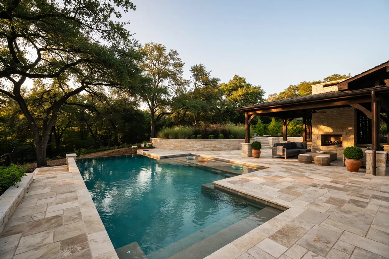Freeform gunite pool with a raised spa under live oaks in a Texas Hill Country backyard