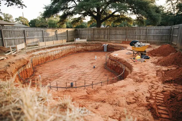 New gunite pool under construction in Texas: rebar grid and plumbing stubs in the excavated shell