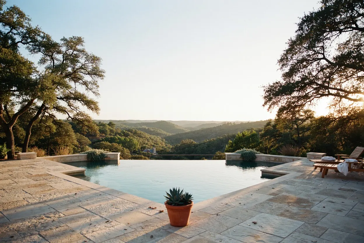 Hill Country pool in Austin with a limestone deck and a view over cedar-covered hills