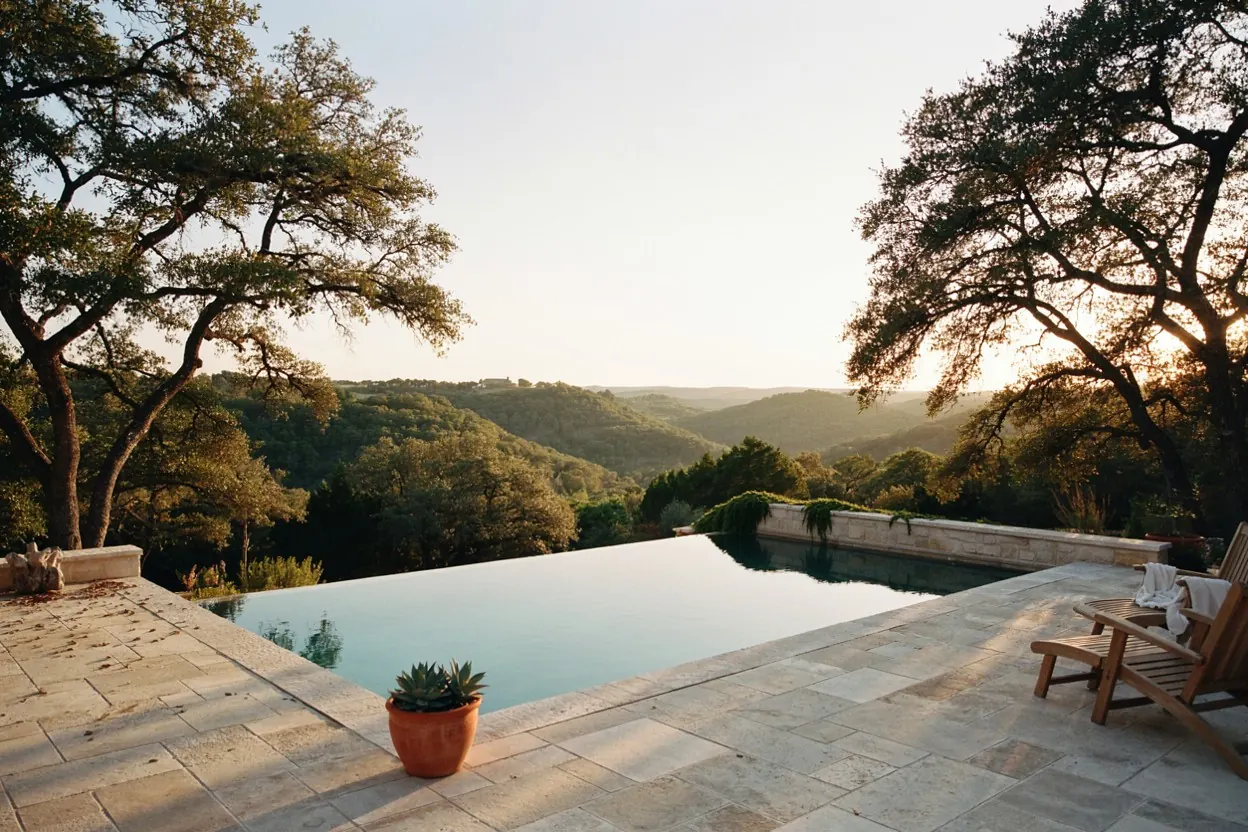 Hill Country pool in Austin with a limestone deck and a view over cedar-covered hills