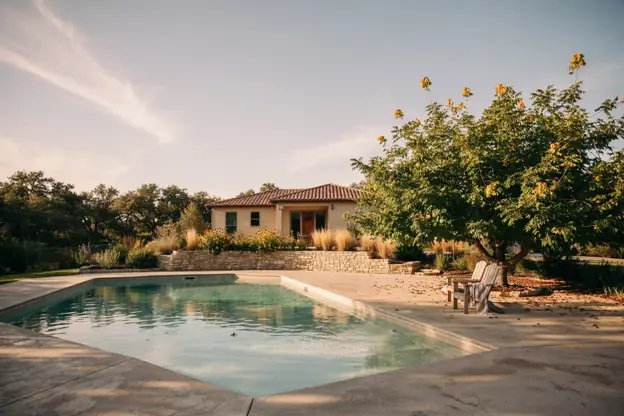 Central Texas backyard pool with a pecan tree