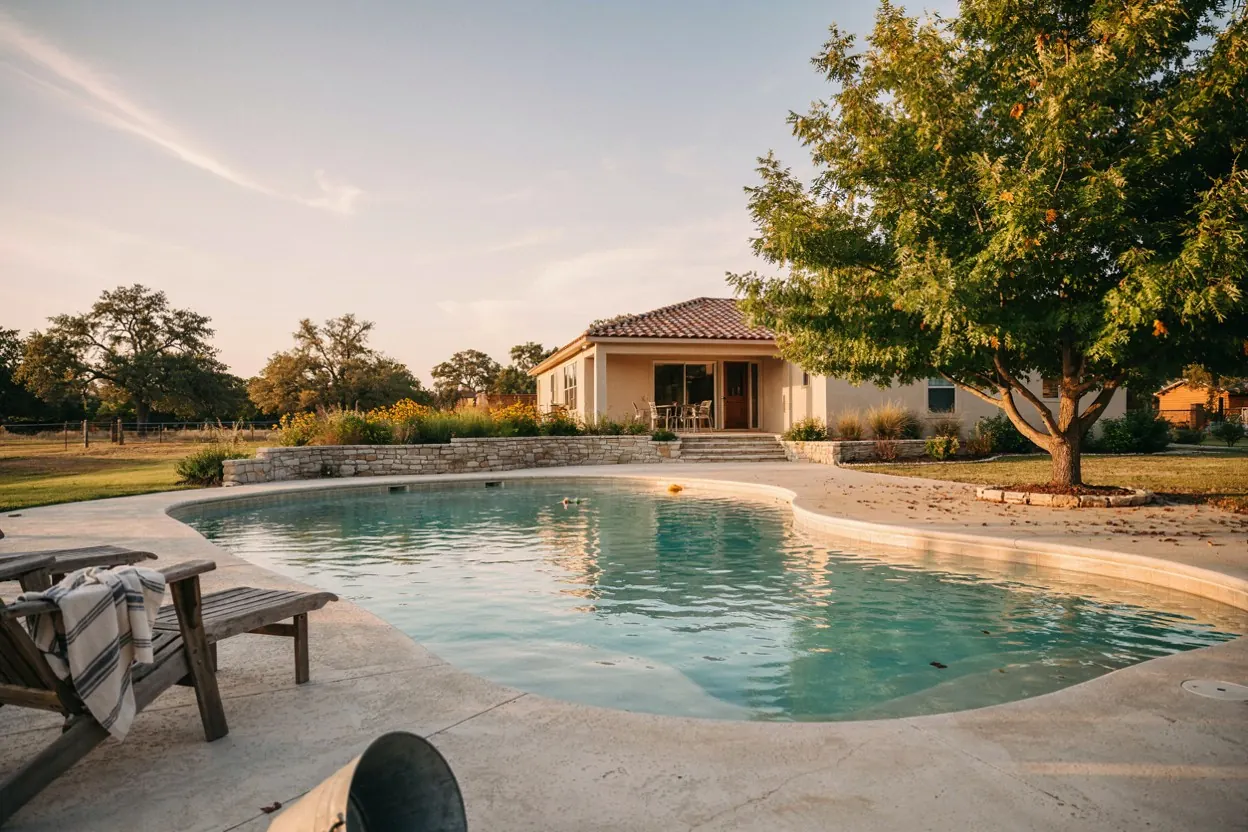 Central Texas backyard pool with a pecan tree