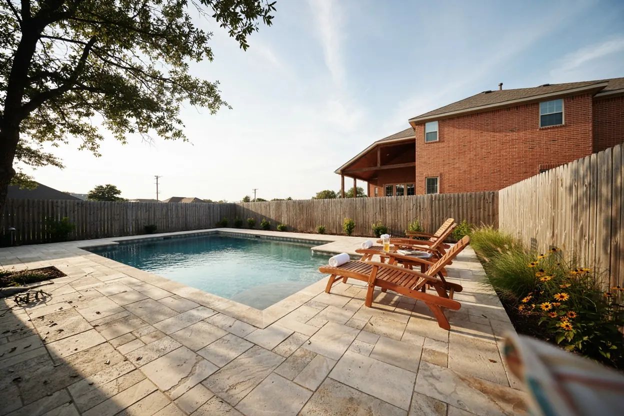 North Texas backyard pool with a tanning ledge behind brick two-story homes
