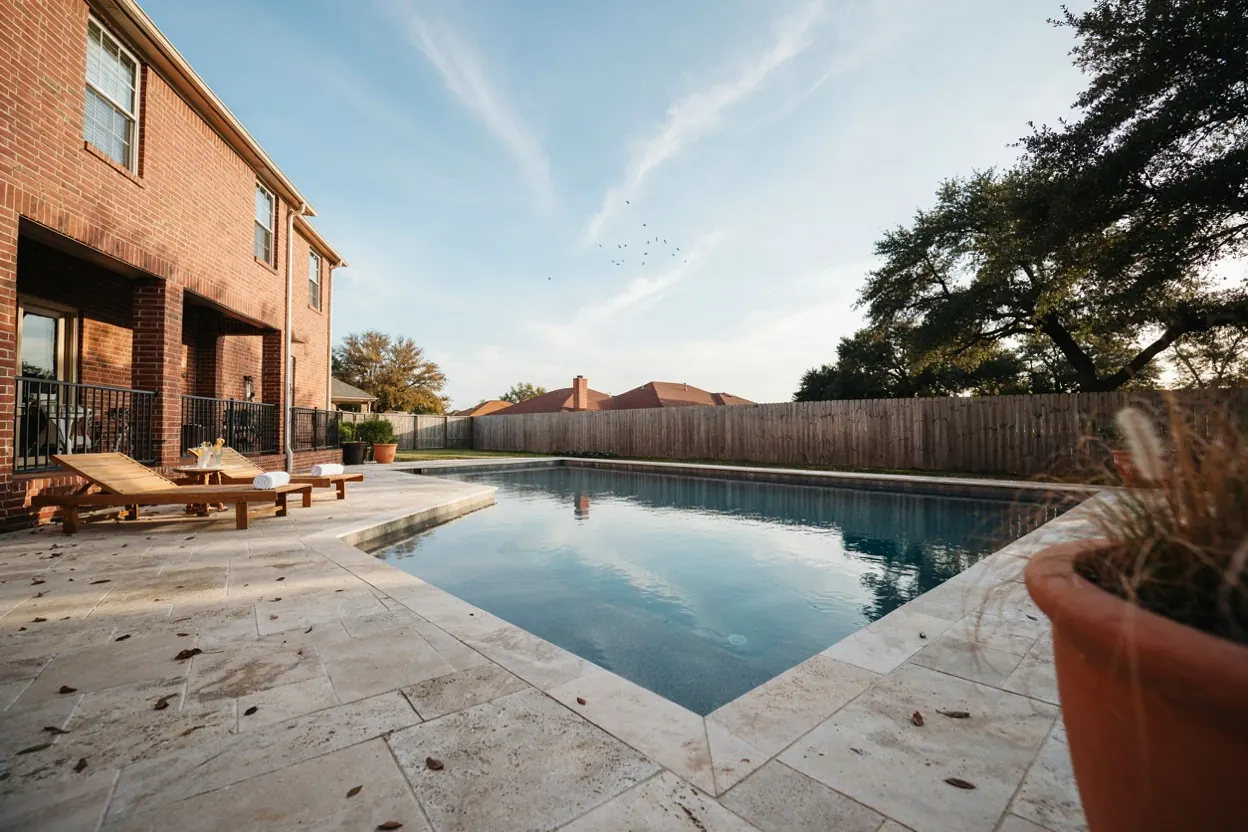 North Texas backyard pool with a tanning ledge behind brick two-story homes