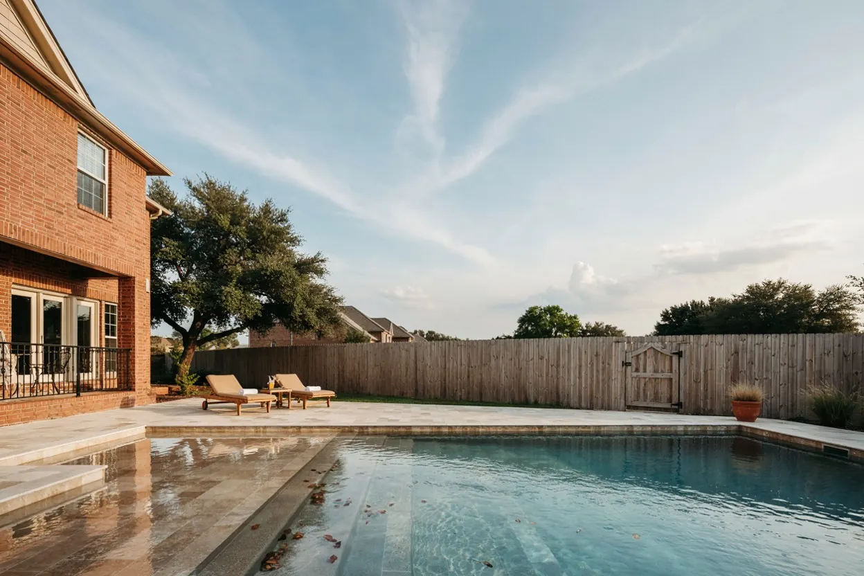 North Texas backyard pool with a tanning ledge behind brick two-story homes