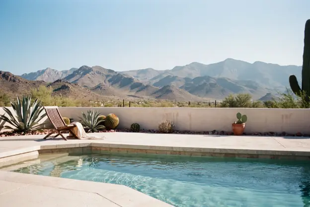 El Paso backyard pool with desert landscaping and the Franklin Mountains