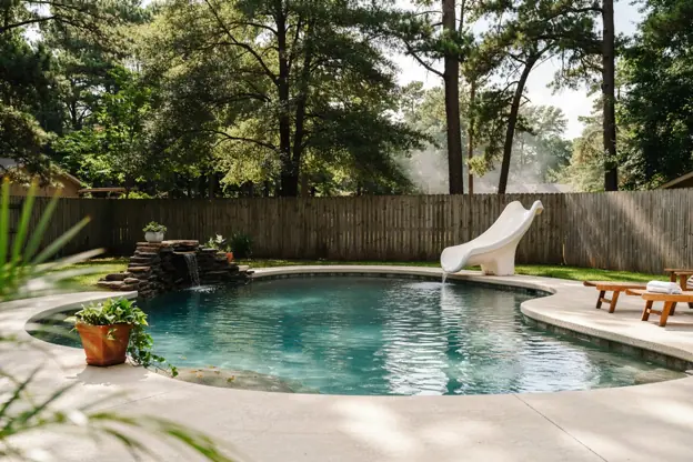 Suburban Houston backyard pool with a slide and rock waterfall under pine trees