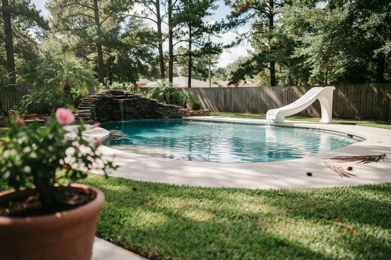 Suburban Houston backyard pool with a slide and rock waterfall under pine trees
