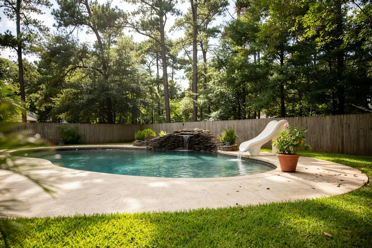 Suburban Houston backyard pool with a slide and rock waterfall under pine trees