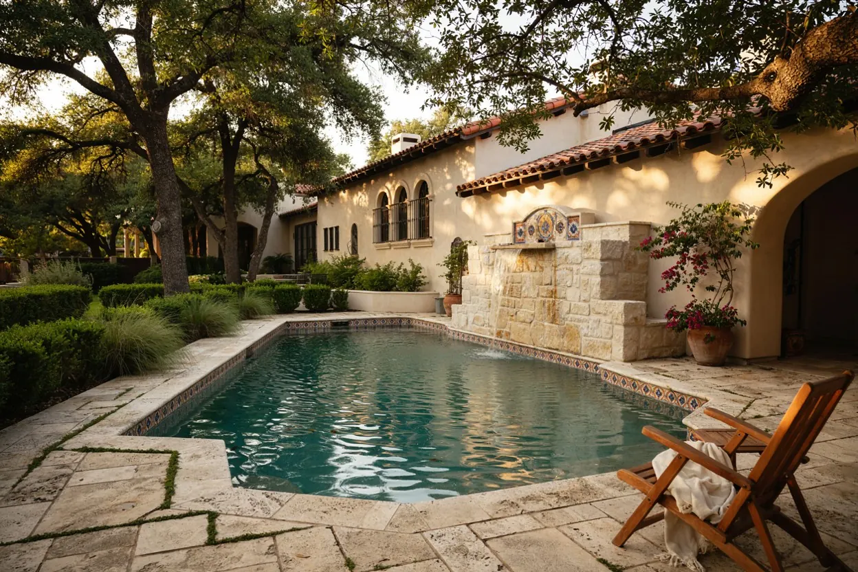 San Antonio backyard pool with a limestone waterfall under live oaks
