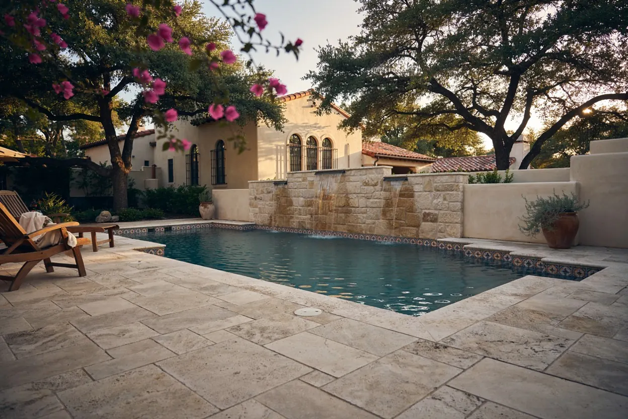 San Antonio backyard pool with a limestone waterfall under live oaks