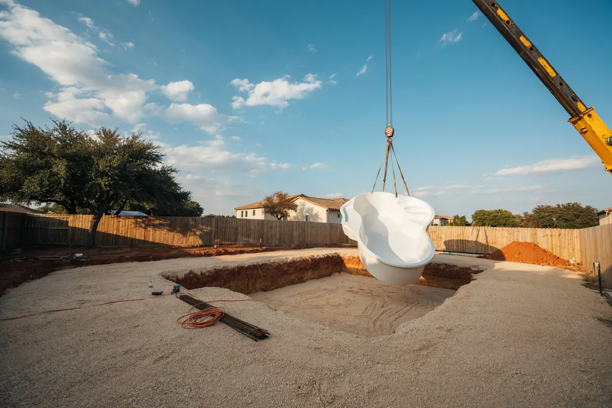 Fiberglass pool shell being craned into a Texas backyard